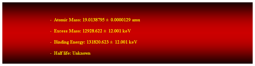 Cuadro de texto: &nbsp;
-&nbsp; Atomic Mass: 19.0138795 �&nbsp; 0.0000129 amu 
-&nbsp; Excess Mass: 12928.622 � &nbsp;12.001 keV 
-&nbsp; Binding Energy: 131820.623 � &nbsp;12.001 keV 
-&nbsp; Half life: Unknown 

