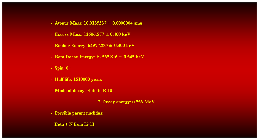 Cuadro de texto: &nbsp;
-&nbsp; Atomic Mass: 10.0135337 � &nbsp;0.0000004 amu 
-&nbsp; Excess Mass: 12606.577 &nbsp;� 0.400 keV 
-&nbsp; Binding Energy: 64977.237 � &nbsp;0.400 keV 
-&nbsp; Beta Decay Energy: B- 555.816 � &nbsp;0.545 keV 
-&nbsp; Spin: 0+ 
-&nbsp; Half life: 1510000 years 
-&nbsp; Mode of decay: Beta to B-10 
�&nbsp; Decay energy: 0.556 MeV 
-&nbsp; Possible parent nuclides: 
&nbsp;&nbsp;&nbsp;&nbsp;&nbsp;&nbsp;&nbsp;&nbsp;&nbsp;&nbsp;&nbsp;&nbsp;&nbsp;&nbsp;&nbsp;&nbsp;&nbsp;&nbsp;&nbsp;&nbsp;&nbsp;&nbsp;&nbsp;&nbsp;&nbsp;&nbsp;&nbsp;&nbsp;&nbsp;&nbsp;&nbsp;&nbsp;&nbsp;&nbsp;&nbsp;&nbsp;&nbsp;&nbsp;&nbsp;&nbsp;&nbsp;&nbsp; Beta + N from Li-11 
&nbsp;
