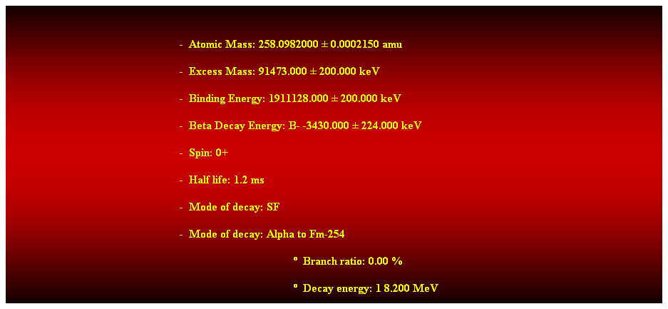 Cuadro de texto: &nbsp;
-&nbsp; Atomic Mass: 258.0982000 � 0.0002150 amu 
-&nbsp; Excess Mass: 91473.000 � 200.000 keV 
-&nbsp; Binding Energy: 1911128.000 � 200.000 keV 
-&nbsp; Beta Decay Energy: B- -3430.000 � 224.000 keV 
-&nbsp; Spin: 0+ 
-&nbsp; Half life: 1.2 ms 
-&nbsp; Mode of decay: SF 
-&nbsp; Mode of decay: Alpha to Fm-254 
�&nbsp; Branch ratio: 0.00 % 
�&nbsp; Decay energy: 1 8.200 MeV 
