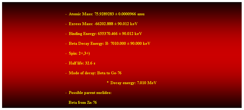 Cuadro de texto: &nbsp;
-&nbsp; Atomic Mass: 75.9289283 � 0.0000966 amu 
-&nbsp; Excess Mass: -66202.888 � 90.012 keV 
-&nbsp; Binding Energy: 655370.466 � 90.012 keV 
-&nbsp; Beta Decay Energy: B- 7010.000 � 90.000 keV 
-&nbsp; Spin: 2+,3+) 
-&nbsp; Half life: 32.6 s 
-&nbsp; Mode of decay: Beta to Ge-76 
�&nbsp; Decay energy: 7.010 MeV 
-&nbsp; Possible parent nuclides: 
&nbsp;&nbsp; Beta from Zn-76 
&nbsp;
