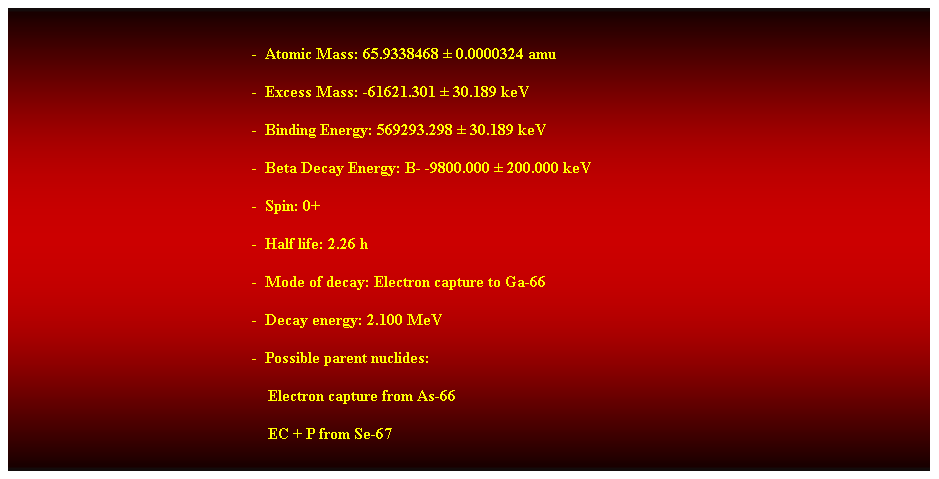 Cuadro de texto: &nbsp;
-&nbsp; Atomic Mass: 65.9338468 � 0.0000324 amu 
-&nbsp; Excess Mass: -61621.301 � 30.189 keV 
-&nbsp; Binding Energy: 569293.298 � 30.189 keV 
-&nbsp; Beta Decay Energy: B- -9800.000 � 200.000 keV
-&nbsp; Spin: 0+ 
-&nbsp; Half life: 2.26 h 
-&nbsp; Mode of decay: Electron capture to Ga-66 
-&nbsp; Decay energy: 2.100 MeV 
-&nbsp; Possible parent nuclides: 
&nbsp;&nbsp;&nbsp; Electron capture from As-66 
&nbsp;&nbsp;&nbsp; EC + P from Se-67 
&nbsp;
