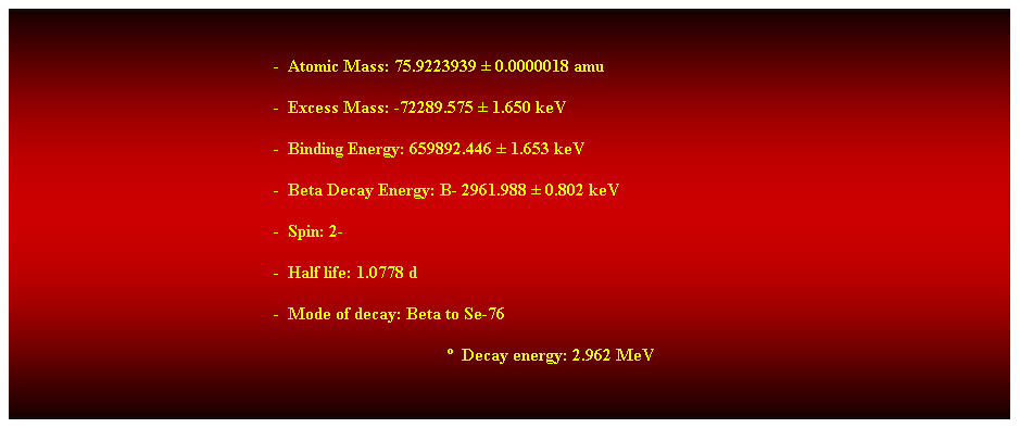 Cuadro de texto: &nbsp;
-&nbsp; Atomic Mass: 75.9223939 � 0.0000018 amu 
-&nbsp; Excess Mass: -72289.575 � 1.650 keV 
-&nbsp; Binding Energy: 659892.446 � 1.653 keV 
-&nbsp; Beta Decay Energy: B- 2961.988 � 0.802 keV 
-&nbsp; Spin: 2- 
-&nbsp; Half life: 1.0778 d 
-&nbsp; Mode of decay: Beta to Se-76 
�&nbsp; Decay energy: 2.962 MeV 
&nbsp;

