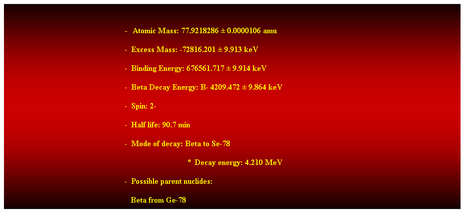 Cuadro de texto: &nbsp;
-&nbsp; Atomic Mass: 77.9218286 � 0.0000106 amu 
-&nbsp; Excess Mass: -72816.201 � 9.913 keV 
-&nbsp; Binding Energy: 676561.717 � 9.914 keV 
-&nbsp; Beta Decay Energy: B- 4209.472 � 9.864 keV 
-&nbsp; Spin: 2- 
-&nbsp; Half life: 90.7 min 
-&nbsp; Mode of decay: Beta to Se-78 
&nbsp;&nbsp;&nbsp;&nbsp;&nbsp;&nbsp;&nbsp;&nbsp;&nbsp;&nbsp;&nbsp;&nbsp;&nbsp;&nbsp;&nbsp;&nbsp;&nbsp;&nbsp;&nbsp;&nbsp;&nbsp;&nbsp;&nbsp;&nbsp;&nbsp;&nbsp;&nbsp;&nbsp;&nbsp;&nbsp;&nbsp; �&nbsp; Decay energy: 4.210 MeV 
-&nbsp; Possible parent nuclides: 
&nbsp;&nbsp; Beta from Ge-78 
&nbsp;
