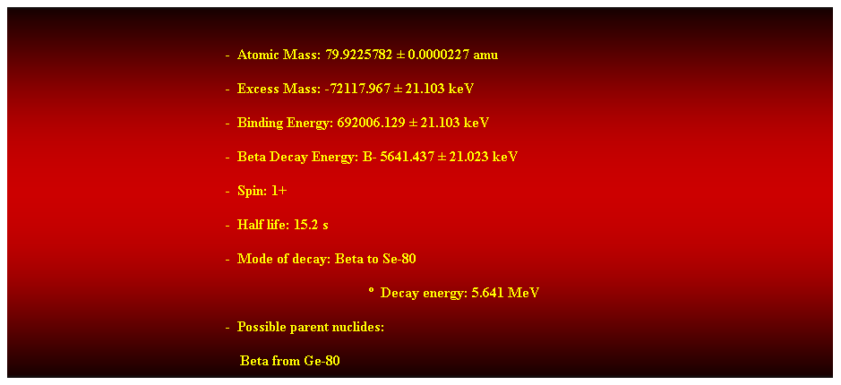 Cuadro de texto: &nbsp;
-&nbsp; Atomic Mass: 79.9225782 � 0.0000227 amu 
-&nbsp; Excess Mass: -72117.967 � 21.103 keV 
-&nbsp; Binding Energy: 692006.129 � 21.103 keV 
-&nbsp; Beta Decay Energy: B- 5641.437 � 21.023 keV 
-&nbsp; Spin: 1+ 
-&nbsp; Half life: 15.2 s 
-&nbsp; Mode of decay: Beta to Se-80 
�&nbsp; Decay energy: 5.641 MeV 
-&nbsp; Possible parent nuclides: 
&nbsp;&nbsp;&nbsp; Beta from Ge-80 
