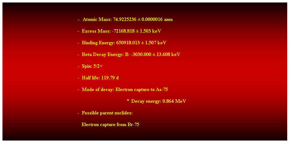 Cuadro de texto: &nbsp;
-&nbsp; Atomic Mass: 74.9225236 � 0.0000016 amu 
-&nbsp; Excess Mass: -72168.818 � 1.503 keV 
-&nbsp; Binding Energy: 650918.013 � 1.507 keV 
-&nbsp; Beta Decay Energy: B- -3030.000 � 13.608 keV 
-&nbsp; Spin: 5/2+ 
-&nbsp; Half life: 119.79 d 
-&nbsp; Mode of decay: Electron capture to As-75 
�&nbsp; Decay energy: 0.864 MeV 
-&nbsp; Possible parent nuclides: 
&nbsp;&nbsp; Electron capture from Br-75 
