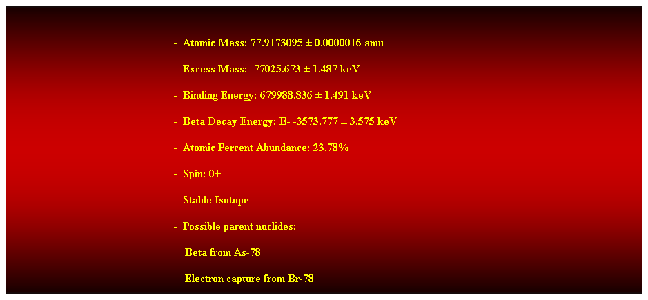 Cuadro de texto: &nbsp;
-&nbsp; Atomic Mass: 77.9173095 � 0.0000016 amu 
-&nbsp; Excess Mass: -77025.673 � 1.487 keV 
-&nbsp; Binding Energy: 679988.836 � 1.491 keV 
-&nbsp; Beta Decay Energy: B- -3573.777 � 3.575 keV 
-&nbsp; Atomic Percent Abundance: 23.78% 
-&nbsp; Spin: 0+ 
-&nbsp; Stable Isotope 
-&nbsp; Possible parent nuclides: 
&nbsp;&nbsp;&nbsp;&nbsp;&nbsp;&nbsp;&nbsp;&nbsp;&nbsp;&nbsp;&nbsp;&nbsp;&nbsp;&nbsp;&nbsp;&nbsp;&nbsp;&nbsp;&nbsp;&nbsp;&nbsp;&nbsp;&nbsp;&nbsp;&nbsp;&nbsp;&nbsp;&nbsp;&nbsp;&nbsp;&nbsp;&nbsp;&nbsp;&nbsp;&nbsp;&nbsp;&nbsp;&nbsp;&nbsp;&nbsp;&nbsp;&nbsp;&nbsp;&nbsp;&nbsp;&nbsp;&nbsp;&nbsp;&nbsp;&nbsp;&nbsp;&nbsp;&nbsp;&nbsp;&nbsp;&nbsp;&nbsp;&nbsp;&nbsp;&nbsp;&nbsp;&nbsp;&nbsp; Beta from As-78 
&nbsp;&nbsp;&nbsp;&nbsp;&nbsp;&nbsp;&nbsp;&nbsp;&nbsp;&nbsp;&nbsp;&nbsp;&nbsp;&nbsp;&nbsp;&nbsp;&nbsp;&nbsp;&nbsp;&nbsp;&nbsp;&nbsp;&nbsp;&nbsp;&nbsp;&nbsp;&nbsp;&nbsp;&nbsp;&nbsp;&nbsp;&nbsp;&nbsp;&nbsp;&nbsp;&nbsp;&nbsp;&nbsp;&nbsp;&nbsp;&nbsp;&nbsp;&nbsp;&nbsp;&nbsp;&nbsp;&nbsp;&nbsp;&nbsp;&nbsp;&nbsp;&nbsp;&nbsp;&nbsp;&nbsp;&nbsp;&nbsp;&nbsp;&nbsp;&nbsp;&nbsp;&nbsp;&nbsp; Electron capture from Br-78 
