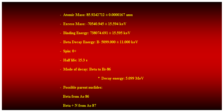 Cuadro de texto: &nbsp;
-&nbsp; Atomic Mass: 85.9242712 � 0.0000167 amu 
-&nbsp; Excess Mass: -70540.945 � 15.594 keV 
-&nbsp; Binding Energy: 738074.691 � 15.595 keV 
-&nbsp; Beta Decay Energy: B- 5099.000 � 11.000 keV 
-&nbsp; Spin: 0+ 
-&nbsp; Half life: 15.3 s 
-&nbsp; Mode of decay: Beta to Br-86 
�&nbsp; Decay energy: 5.099 MeV 
-&nbsp; Possible parent nuclides: 
&nbsp;&nbsp;&nbsp;&nbsp;&nbsp;&nbsp;&nbsp;&nbsp;&nbsp;&nbsp;&nbsp;&nbsp;&nbsp;&nbsp;&nbsp;&nbsp;&nbsp;&nbsp;&nbsp;&nbsp;&nbsp;&nbsp;&nbsp;&nbsp;&nbsp;&nbsp;&nbsp;&nbsp;&nbsp;&nbsp;&nbsp;&nbsp;&nbsp;&nbsp;&nbsp;&nbsp;&nbsp;&nbsp;&nbsp;&nbsp;&nbsp;&nbsp;&nbsp;&nbsp;&nbsp;&nbsp;&nbsp;&nbsp;&nbsp;&nbsp;&nbsp;&nbsp;&nbsp;&nbsp;&nbsp;&nbsp;&nbsp;&nbsp;&nbsp;&nbsp;&nbsp;&nbsp; Beta from As-86 
&nbsp;&nbsp;&nbsp;&nbsp;&nbsp;&nbsp;&nbsp;&nbsp;&nbsp;&nbsp;&nbsp;&nbsp;&nbsp;&nbsp;&nbsp;&nbsp;&nbsp;&nbsp;&nbsp;&nbsp;&nbsp;&nbsp;&nbsp;&nbsp;&nbsp;&nbsp;&nbsp;&nbsp;&nbsp;&nbsp;&nbsp;&nbsp;&nbsp;&nbsp;&nbsp;&nbsp;&nbsp;&nbsp;&nbsp;&nbsp;&nbsp;&nbsp;&nbsp;&nbsp;&nbsp;&nbsp;&nbsp;&nbsp;&nbsp;&nbsp;&nbsp;&nbsp;&nbsp;&nbsp;&nbsp;&nbsp;&nbsp;&nbsp;&nbsp;&nbsp;&nbsp;&nbsp; Beta + N from As-87 
&nbsp;
