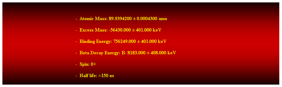 Cuadro de texto: &nbsp;
-&nbsp; Atomic Mass: 89.9394200 � 0.0004300 amu 
-&nbsp; Excess Mass: -56430.000 � 401.000 keV 
-&nbsp; Binding Energy: 756249.000 � 401.000 keV 
-&nbsp; Beta Decay Energy: B- 8183.000 � 408.000 keV 
-&nbsp; Spin: 0+ 
-&nbsp; Half life: >150 ns 
