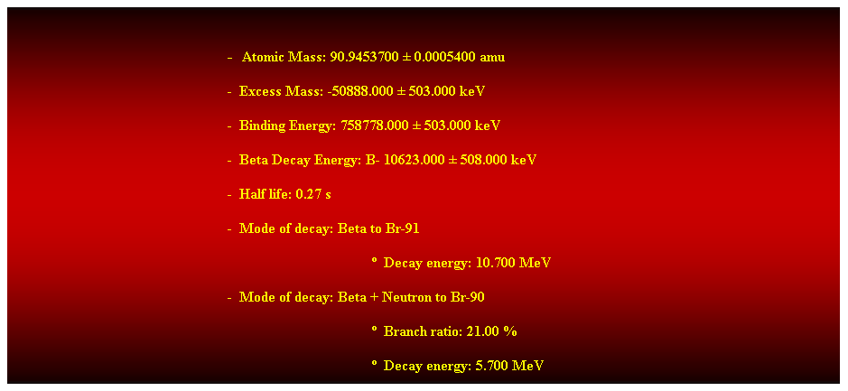 Cuadro de texto: &nbsp;
-&nbsp; Atomic Mass: 90.9453700 � 0.0005400 amu 
-&nbsp; Excess Mass: -50888.000 � 503.000 keV 
-&nbsp; Binding Energy: 758778.000 � 503.000 keV 
-&nbsp; Beta Decay Energy: B- 10623.000 � 508.000 keV 
-&nbsp; Half life: 0.27 s 
-&nbsp; Mode of decay: Beta to Br-91 
�&nbsp; Decay energy: 10.700 MeV 
-&nbsp; Mode of decay: Beta + Neutron to Br-90 
�&nbsp; Branch ratio: 21.00 % 
�&nbsp; Decay energy: 5.700 MeV 
