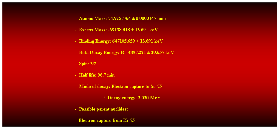 Cuadro de texto: &nbsp;
-&nbsp; Atomic Mass: 74.9257764 � 0.0000147 amu 
-&nbsp; Excess Mass: -69138.818 � 13.691 keV 
-&nbsp; Binding Energy: 647105.659 � 13.691 keV 
-&nbsp; Beta Decay Energy: B- -4897.221 � 20.657 keV 
-&nbsp; Spin: 3/2- 
-&nbsp; Half life: 96.7 min 
-&nbsp; Mode of decay: Electron capture to Se-75 
&nbsp;&nbsp;&nbsp;&nbsp;&nbsp;&nbsp;&nbsp;&nbsp;&nbsp;&nbsp;&nbsp;&nbsp;&nbsp;&nbsp;&nbsp;&nbsp;&nbsp;&nbsp;&nbsp;&nbsp;&nbsp;&nbsp;&nbsp; �&nbsp; Decay energy: 3.030 MeV 
-&nbsp; Possible parent nuclides: 
&nbsp;&nbsp; Electron capture from Kr-75 
&nbsp;
