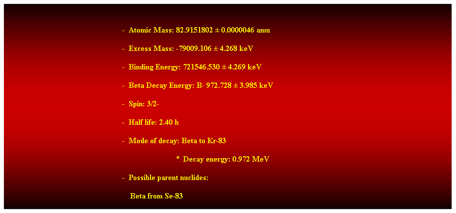 Cuadro de texto: &nbsp;
-&nbsp; Atomic Mass: 82.9151802 � 0.0000046 amu 
-&nbsp; Excess Mass: -79009.106 � 4.268 keV 
-&nbsp; Binding Energy: 721546.530 � 4.269 keV 
-&nbsp; Beta Decay Energy: B- 972.728 � 3.985 keV 
-&nbsp; Spin: 3/2- 
-&nbsp; Half life: 2.40 h 
-&nbsp; Mode of decay: Beta to Kr-83 
&nbsp;&nbsp;&nbsp;&nbsp;&nbsp;&nbsp;&nbsp;&nbsp;&nbsp;&nbsp;&nbsp;&nbsp;&nbsp;&nbsp;&nbsp;&nbsp;&nbsp;&nbsp;&nbsp;&nbsp;&nbsp;&nbsp;&nbsp;&nbsp;&nbsp;&nbsp;&nbsp; �&nbsp; Decay energy: 0.972 MeV 
-&nbsp; Possible parent nuclides: 
&nbsp;&nbsp;&nbsp; Beta from Se-83
