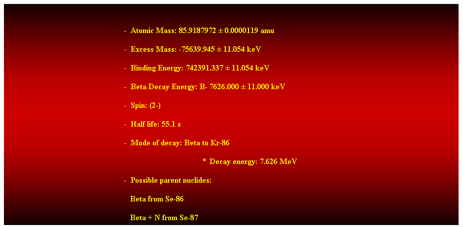 Cuadro de texto: &nbsp;
-&nbsp; Atomic Mass: 85.9187972 � 0.0000119 amu 
-&nbsp; Excess Mass: -75639.945 � 11.054 keV 
-&nbsp; Binding Energy: 742391.337 � 11.054 keV 
-&nbsp; Beta Decay Energy: B- 7626.000 � 11.000 keV 
-&nbsp; Spin: (2-) 
-&nbsp; Half life: 55.1 s 
-&nbsp; Mode of decay: Beta to Kr-86 
�&nbsp; Decay energy: 7.626 MeV 
-&nbsp; Possible parent nuclides: 
&nbsp;&nbsp;&nbsp;&nbsp;&nbsp;&nbsp;&nbsp;&nbsp;&nbsp;&nbsp;&nbsp;&nbsp;&nbsp;&nbsp;&nbsp;&nbsp;&nbsp;&nbsp;&nbsp;&nbsp;&nbsp;&nbsp;&nbsp;&nbsp;&nbsp;&nbsp;&nbsp;&nbsp;&nbsp;&nbsp;&nbsp;&nbsp;&nbsp;&nbsp;&nbsp;&nbsp;&nbsp;&nbsp;&nbsp;&nbsp;&nbsp;&nbsp;&nbsp;&nbsp;&nbsp;&nbsp;&nbsp;&nbsp;&nbsp;&nbsp;&nbsp;&nbsp;&nbsp;&nbsp;&nbsp;&nbsp;&nbsp;&nbsp;&nbsp;&nbsp;&nbsp;&nbsp; Beta from Se-86 
&nbsp;&nbsp;&nbsp;&nbsp;&nbsp;&nbsp;&nbsp;&nbsp;&nbsp;&nbsp;&nbsp;&nbsp;&nbsp;&nbsp;&nbsp;&nbsp;&nbsp;&nbsp;&nbsp;&nbsp;&nbsp;&nbsp;&nbsp;&nbsp;&nbsp;&nbsp;&nbsp;&nbsp;&nbsp;&nbsp;&nbsp;&nbsp;&nbsp;&nbsp;&nbsp;&nbsp;&nbsp;&nbsp;&nbsp;&nbsp;&nbsp;&nbsp;&nbsp;&nbsp;&nbsp;&nbsp;&nbsp;&nbsp;&nbsp;&nbsp;&nbsp;&nbsp;&nbsp;&nbsp;&nbsp;&nbsp;&nbsp;&nbsp;&nbsp;&nbsp;&nbsp;&nbsp; Beta + N from Se-87 
&nbsp;
