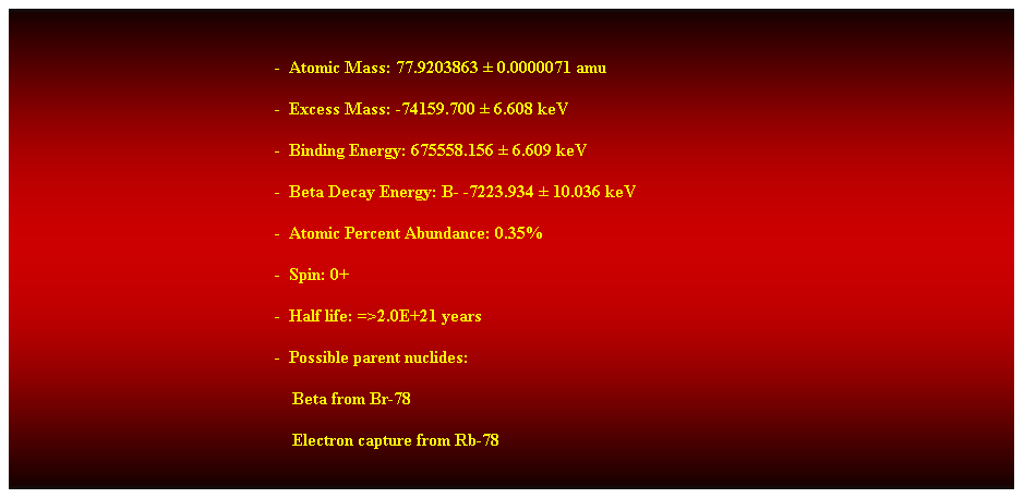 Cuadro de texto: &nbsp;
-&nbsp; Atomic Mass: 77.9203863 � 0.0000071 amu 
-&nbsp; Excess Mass: -74159.700 � 6.608 keV 
-&nbsp; Binding Energy: 675558.156 � 6.609 keV 
-&nbsp; Beta Decay Energy: B- -7223.934 � 10.036 keV 
-&nbsp; Atomic Percent Abundance: 0.35% 
-&nbsp; Spin: 0+ 
-&nbsp; Half life: =>2.0E+21 years 
-&nbsp; Possible parent nuclides: 
&nbsp;&nbsp;&nbsp; Beta from Br-78 
&nbsp;&nbsp;&nbsp; Electron capture from Rb-78 
