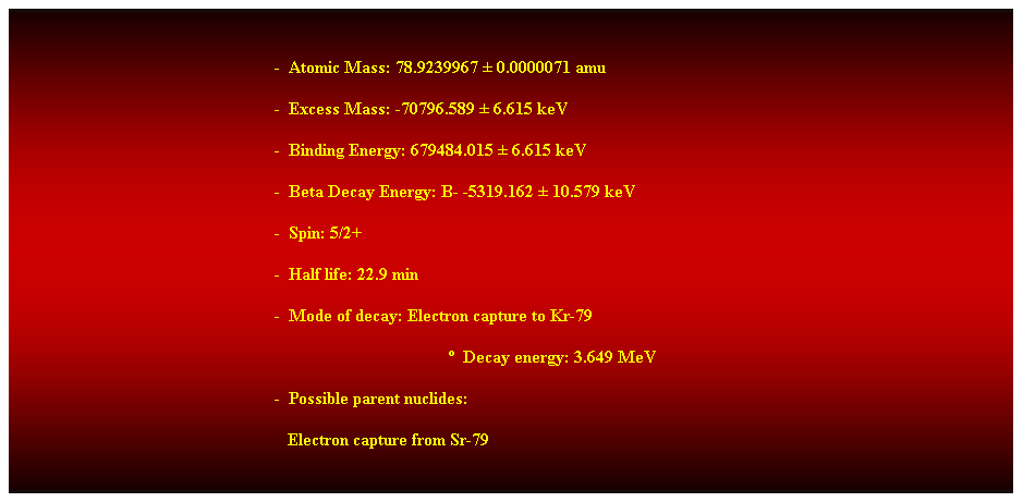 Cuadro de texto: &nbsp;
-&nbsp; Atomic Mass: 78.9239967 � 0.0000071 amu 
-&nbsp; Excess Mass: -70796.589 � 6.615 keV 
-&nbsp; Binding Energy: 679484.015 � 6.615 keV 
-&nbsp; Beta Decay Energy: B- -5319.162 � 10.579 keV 
-&nbsp; Spin: 5/2+ 
-&nbsp; Half life: 22.9 min 
-&nbsp; Mode of decay: Electron capture to Kr-79 
�&nbsp; Decay energy: 3.649 MeV 
-&nbsp; Possible parent nuclides: 
&nbsp;&nbsp; Electron capture from Sr-79 
&nbsp;
