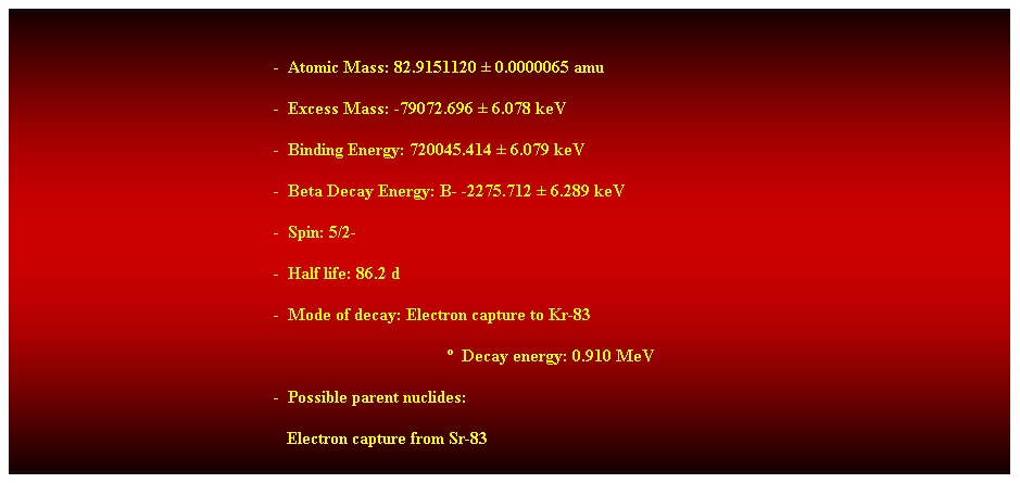 Cuadro de texto: &nbsp;
-&nbsp; Atomic Mass: 82.9151120 � 0.0000065 amu 
-&nbsp; Excess Mass: -79072.696 � 6.078 keV 
-&nbsp; Binding Energy: 720045.414 � 6.079 keV 
-&nbsp; Beta Decay Energy: B- -2275.712 � 6.289 keV 
-&nbsp; Spin: 5/2- 
-&nbsp; Half life: 86.2 d 
-&nbsp; Mode of decay: Electron capture to Kr-83 
�&nbsp; Decay energy: 0.910 MeV 
-&nbsp; Possible parent nuclides: 
&nbsp;&nbsp;&nbsp;&nbsp;&nbsp;&nbsp;&nbsp;&nbsp;&nbsp;&nbsp;&nbsp;&nbsp;&nbsp;&nbsp;&nbsp;&nbsp;&nbsp;&nbsp;&nbsp;&nbsp;&nbsp;&nbsp;&nbsp;&nbsp;&nbsp;&nbsp;&nbsp;&nbsp;&nbsp;&nbsp;&nbsp;&nbsp;&nbsp;&nbsp;&nbsp;&nbsp;&nbsp;&nbsp;&nbsp;&nbsp;&nbsp;&nbsp;&nbsp;&nbsp;&nbsp;&nbsp;&nbsp;&nbsp;&nbsp;&nbsp;&nbsp;&nbsp;&nbsp;&nbsp;&nbsp;&nbsp;&nbsp;&nbsp;&nbsp;&nbsp;&nbsp;&nbsp; Electron capture from Sr-83 
&nbsp;
