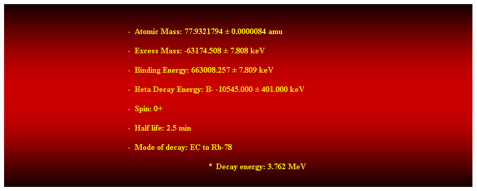 Cuadro de texto: &nbsp;
-&nbsp; Atomic Mass: 77.9321794 � 0.0000084 amu 
-&nbsp; Excess Mass: -63174.508 � 7.808 keV 
-&nbsp; Binding Energy: 663008.257 � 7.809 keV 
-&nbsp; Beta Decay Energy: B- -10545.000 � 401.000 keV 
-&nbsp; Spin: 0+ 
-&nbsp; Half life: 2.5 min 
-&nbsp; Mode of decay: EC to Rb-78 
�&nbsp; Decay energy: 3.762 MeV 
