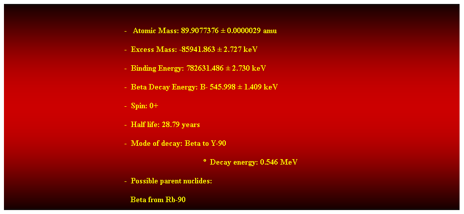 Cuadro de texto: &nbsp;
-&nbsp;&nbsp; Atomic Mass: 89.9077376 � 0.0000029 amu 
-&nbsp; Excess Mass: -85941.863 � 2.727 keV 
-&nbsp; Binding Energy: 782631.486 � 2.730 keV 
-&nbsp; Beta Decay Energy: B- 545.998 � 1.409 keV 
-&nbsp; Spin: 0+ 
-&nbsp; Half life: 28.79 years 
-&nbsp; Mode of decay: Beta to Y-90 
�&nbsp; Decay energy: 0.546 MeV 
-&nbsp; Possible parent nuclides: 
&nbsp;&nbsp;&nbsp;&nbsp;&nbsp;&nbsp;&nbsp;&nbsp;&nbsp;&nbsp;&nbsp;&nbsp;&nbsp;&nbsp;&nbsp;&nbsp;&nbsp;&nbsp;&nbsp;&nbsp;&nbsp;&nbsp;&nbsp;&nbsp;&nbsp;&nbsp;&nbsp;&nbsp;&nbsp;&nbsp;&nbsp;&nbsp;&nbsp;&nbsp;&nbsp;&nbsp;&nbsp;&nbsp;&nbsp;&nbsp;&nbsp;&nbsp;&nbsp;&nbsp;&nbsp;&nbsp;&nbsp;&nbsp;&nbsp;&nbsp;&nbsp;&nbsp;&nbsp;&nbsp;&nbsp;&nbsp;&nbsp;&nbsp;&nbsp;&nbsp;&nbsp;&nbsp; Beta from Rb-90 
&nbsp;
