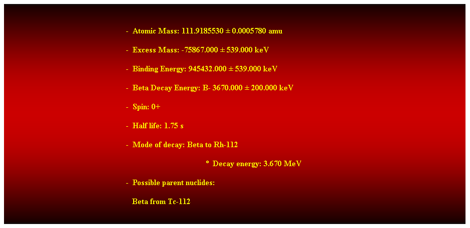 Cuadro de texto: &nbsp;
-&nbsp; Atomic Mass: 111.9185530 � 0.0005780 amu 
-&nbsp; Excess Mass: -75867.000 � 539.000 keV 
-&nbsp; Binding Energy: 945432.000 � 539.000 keV 
-&nbsp; Beta Decay Energy: B- 3670.000 � 200.000 keV 
-&nbsp; Spin: 0+ 
-&nbsp; Half life: 1.75 s 
-&nbsp; Mode of decay: Beta to Rh-112 
�&nbsp; Decay energy: 3.670 MeV 
-&nbsp; Possible parent nuclides: 
&nbsp;&nbsp;&nbsp;&nbsp;&nbsp;&nbsp;&nbsp;&nbsp;&nbsp;&nbsp;&nbsp;&nbsp;&nbsp;&nbsp;&nbsp;&nbsp;&nbsp;&nbsp;&nbsp;&nbsp;&nbsp;&nbsp;&nbsp;&nbsp;&nbsp;&nbsp;&nbsp;&nbsp;&nbsp;&nbsp;&nbsp;&nbsp;&nbsp;&nbsp;&nbsp;&nbsp;&nbsp;&nbsp;&nbsp;&nbsp;&nbsp;&nbsp;&nbsp;&nbsp;&nbsp;&nbsp;&nbsp;&nbsp;&nbsp;&nbsp;&nbsp;&nbsp;&nbsp;&nbsp;&nbsp;&nbsp;&nbsp;&nbsp;&nbsp;&nbsp;&nbsp;&nbsp; Beta from Tc-112 
