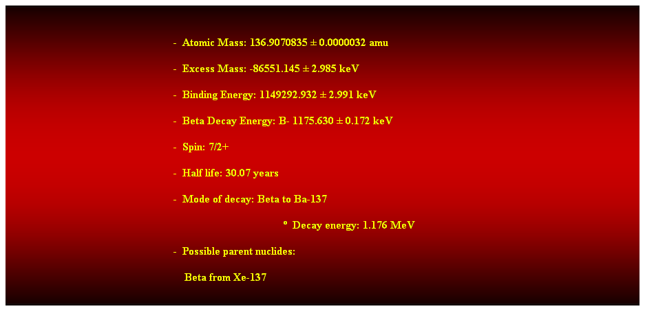 Cuadro de texto: &nbsp;
-&nbsp; Atomic Mass: 136.9070835 � 0.0000032 amu 
-&nbsp; Excess Mass: -86551.145 � 2.985 keV 
-&nbsp; Binding Energy: 1149292.932 � 2.991 keV 
-&nbsp; Beta Decay Energy: B- 1175.630 � 0.172 keV 
-&nbsp; Spin: 7/2+ 
-&nbsp; Half life: 30.07 years 
-&nbsp; Mode of decay: Beta to Ba-137 
�&nbsp; Decay energy: 1.176 MeV 
-&nbsp; Possible parent nuclides: 
&nbsp;&nbsp;&nbsp; Beta from Xe-137 
