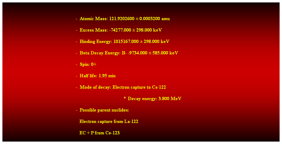 Cuadro de texto: &nbsp;
-&nbsp; Atomic Mass: 121.9202600 � 0.0003200 amu 
-&nbsp; Excess Mass: -74277.000 � 298.000 keV 
-&nbsp; Binding Energy: 1015167.000 � 298.000 keV 
-&nbsp; Beta Decay Energy: B- -9734.000 � 585.000 keV 
-&nbsp; Spin: 0+ 
-&nbsp; Half life: 1.95 min 
-&nbsp; Mode of decay: Electron capture to Cs-122 
�&nbsp; Decay energy: 3.800 MeV 
-&nbsp; Possible parent nuclides: 
&nbsp;&nbsp; Electron capture from La-122 
&nbsp;&nbsp; EC + P from Ce-123 
