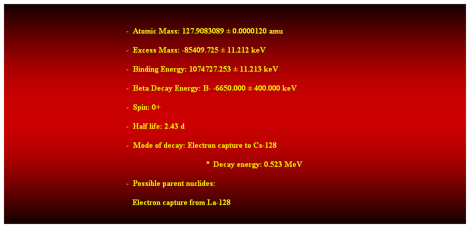 Cuadro de texto: &nbsp;
-&nbsp; Atomic Mass: 127.9083089 � 0.0000120 amu 
-&nbsp; Excess Mass: -85409.725 � 11.212 keV 
-&nbsp; Binding Energy: 1074727.253 � 11.213 keV 
-&nbsp; Beta Decay Energy: B- -6650.000 � 400.000 keV 
-&nbsp; Spin: 0+ 
-&nbsp; Half life: 2.43 d 
-&nbsp; Mode of decay: Electron capture to Cs-128 
�&nbsp; Decay energy: 0.523 MeV 
-&nbsp; Possible parent nuclides: 
&nbsp;&nbsp; Electron capture from La-128 
