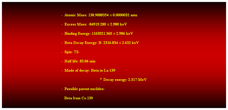 Cuadro de texto: &nbsp;
-&nbsp; Atomic Mass: 138.9088354 � 0.0000032 amu 
-&nbsp; Excess Mass: -84919.280 � 2.980 keV 
-&nbsp; Binding Energy: 1163021.360 � 2.986 keV 
-&nbsp; Beta Decay Energy: B- 2316.834 � 2.632 keV 
-&nbsp; Spin: 7/2- 
-&nbsp; Half life: 83.06 min 
-&nbsp; Mode of decay: Beta to La-139 
�&nbsp; Decay energy: 2.317 MeV 
-&nbsp; Possible parent nuclides: 
&nbsp;&nbsp; Beta from Cs-139 
