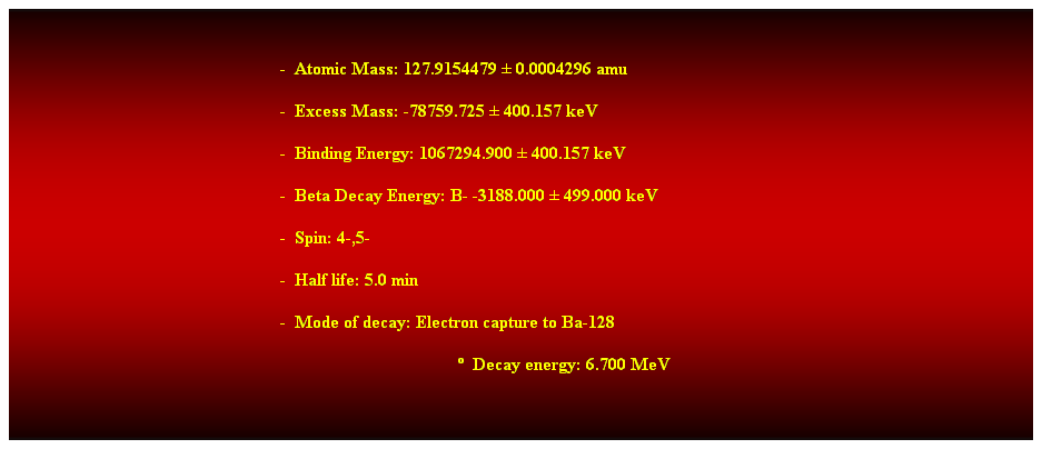 Cuadro de texto: &nbsp;
-&nbsp; Atomic Mass: 127.9154479 � 0.0004296 amu 
-&nbsp; Excess Mass: -78759.725 � 400.157 keV 
-&nbsp; Binding Energy: 1067294.900 � 400.157 keV 
-&nbsp; Beta Decay Energy: B- -3188.000 � 499.000 keV 
-&nbsp; Spin: 4-,5- 
-&nbsp; Half life: 5.0 min 
-&nbsp; Mode of decay: Electron capture to Ba-128 
�&nbsp; Decay energy: 6.700 MeV 
