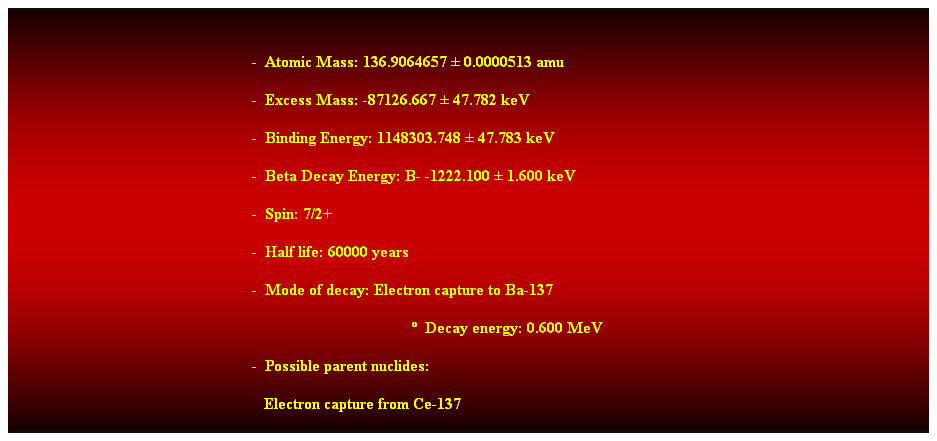 Cuadro de texto: &nbsp;
-&nbsp; Atomic Mass: 136.9064657 � 0.0000513 amu 
-&nbsp; Excess Mass: -87126.667 � 47.782 keV 
-&nbsp; Binding Energy: 1148303.748 � 47.783 keV 
-&nbsp; Beta Decay Energy: B- -1222.100 � 1.600 keV 
-&nbsp; Spin: 7/2+ 
-&nbsp; Half life: 60000 years 
-&nbsp; Mode of decay: Electron capture to Ba-137 
�&nbsp; Decay energy: 0.600 MeV 
&nbsp;&nbsp;&nbsp;&nbsp;&nbsp;&nbsp;&nbsp;&nbsp;&nbsp;&nbsp;&nbsp;&nbsp;&nbsp;&nbsp;&nbsp;&nbsp;&nbsp;&nbsp;&nbsp;&nbsp;&nbsp;&nbsp;&nbsp;&nbsp;&nbsp;&nbsp;&nbsp;&nbsp;&nbsp;&nbsp;&nbsp;&nbsp;&nbsp;&nbsp;&nbsp;&nbsp;&nbsp;&nbsp;&nbsp;&nbsp;&nbsp;&nbsp;&nbsp;&nbsp;&nbsp;&nbsp;&nbsp;&nbsp;&nbsp;&nbsp;&nbsp;&nbsp;&nbsp;&nbsp;&nbsp;&nbsp;&nbsp;&nbsp;&nbsp; -&nbsp; Possible parent nuclides: 
&nbsp;&nbsp; Electron capture from Ce-137 
