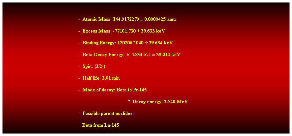 Cuadro de texto: &nbsp;
-&nbsp; Atomic Mass: 144.9172279 � 0.0000425 amu 
-&nbsp; Excess Mass: -77101.730 � 39.633 keV 
-&nbsp; Binding Energy: 1202067.040 � 39.634 keV 
-&nbsp; Beta Decay Energy: B- 2534.571 � 39.014 keV 
-&nbsp; Spin: (3/2-) 
-&nbsp; Half life: 3.01 min 
-&nbsp; Mode of decay: Beta to Pr-145 
�&nbsp; Decay energy: 2.540 MeV 
-&nbsp; Possible parent nuclides: 
&nbsp;&nbsp; Beta from La-145 
