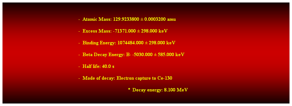 Cuadro de texto: &nbsp;
-&nbsp; Atomic Mass: 129.9233800 � 0.0003200 amu 
-&nbsp; Excess Mass: -71371.000 � 298.000 keV 
-&nbsp; Binding Energy: 1074484.000 � 298.000 keV 
-&nbsp; Beta Decay Energy: B- -5030.000 � 585.000 keV 
-&nbsp; Half life: 40.0 s 
-&nbsp; Mode of decay: Electron capture to Ce-130 
�&nbsp; Decay energy: 8.100 MeV
