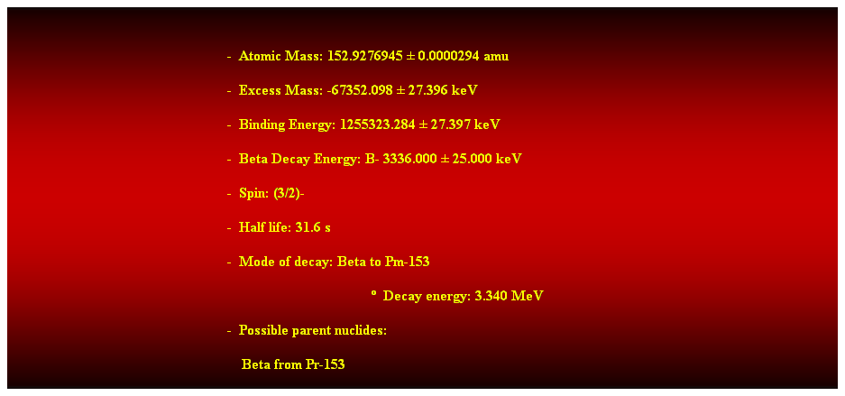 Cuadro de texto: &nbsp;
-&nbsp; Atomic Mass: 152.9276945 � 0.0000294 amu 
-&nbsp; Excess Mass: -67352.098 � 27.396 keV 
-&nbsp; Binding Energy: 1255323.284 � 27.397 keV 
-&nbsp; Beta Decay Energy: B- 3336.000 � 25.000 keV 
-&nbsp; Spin: (3/2)- 
-&nbsp; Half life: 31.6 s 
-&nbsp; Mode of decay: Beta to Pm-153 
�&nbsp; Decay energy: 3.340 MeV 
-&nbsp; Possible parent nuclides: 
&nbsp;&nbsp;&nbsp; Beta from Pr-153 
&nbsp;
