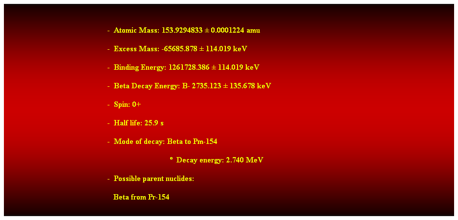 Cuadro de texto: &nbsp;
&nbsp;&nbsp;&nbsp;&nbsp;&nbsp;&nbsp;&nbsp;&nbsp;&nbsp;&nbsp;&nbsp;&nbsp;&nbsp;&nbsp;&nbsp;&nbsp;&nbsp;&nbsp;&nbsp;&nbsp;&nbsp;&nbsp;&nbsp;&nbsp;&nbsp;&nbsp;&nbsp;&nbsp;&nbsp;&nbsp;&nbsp;&nbsp;&nbsp;&nbsp;&nbsp;&nbsp;&nbsp;&nbsp;&nbsp;&nbsp;&nbsp;&nbsp;&nbsp;&nbsp;&nbsp;&nbsp;&nbsp;&nbsp;&nbsp;&nbsp;&nbsp; -&nbsp; Atomic Mass: 153.9294833 � 0.0001224 amu 
&nbsp;&nbsp;&nbsp;&nbsp;&nbsp;&nbsp;&nbsp;&nbsp;&nbsp;&nbsp;&nbsp;&nbsp;&nbsp;&nbsp;&nbsp;&nbsp;&nbsp;&nbsp;&nbsp;&nbsp;&nbsp;&nbsp;&nbsp;&nbsp;&nbsp;&nbsp;&nbsp;&nbsp;&nbsp;&nbsp;&nbsp;&nbsp;&nbsp;&nbsp;&nbsp;&nbsp;&nbsp;&nbsp;&nbsp;&nbsp;&nbsp;&nbsp;&nbsp;&nbsp;&nbsp;&nbsp;&nbsp;&nbsp;&nbsp;&nbsp;&nbsp; -&nbsp; Excess Mass: -65685.878 � 114.019 keV 
&nbsp;&nbsp;&nbsp;&nbsp;&nbsp;&nbsp;&nbsp;&nbsp;&nbsp;&nbsp;&nbsp;&nbsp;&nbsp;&nbsp;&nbsp;&nbsp;&nbsp;&nbsp;&nbsp;&nbsp;&nbsp;&nbsp;&nbsp;&nbsp;&nbsp;&nbsp;&nbsp;&nbsp;&nbsp;&nbsp;&nbsp;&nbsp;&nbsp;&nbsp;&nbsp;&nbsp;&nbsp;&nbsp;&nbsp;&nbsp;&nbsp;&nbsp;&nbsp;&nbsp;&nbsp;&nbsp;&nbsp;&nbsp;&nbsp;&nbsp;&nbsp; -&nbsp; Binding Energy: 1261728.386 � 114.019 keV 
&nbsp;&nbsp;&nbsp;&nbsp;&nbsp;&nbsp;&nbsp;&nbsp;&nbsp;&nbsp;&nbsp;&nbsp;&nbsp;&nbsp;&nbsp;&nbsp;&nbsp;&nbsp;&nbsp;&nbsp;&nbsp;&nbsp;&nbsp;&nbsp;&nbsp;&nbsp;&nbsp;&nbsp;&nbsp;&nbsp;&nbsp;&nbsp;&nbsp;&nbsp;&nbsp;&nbsp;&nbsp;&nbsp;&nbsp;&nbsp;&nbsp;&nbsp;&nbsp;&nbsp;&nbsp;&nbsp;&nbsp;&nbsp;&nbsp;&nbsp;&nbsp; -&nbsp; Beta Decay Energy: B- 2735.123 � 135.678 keV 
&nbsp;&nbsp;&nbsp;&nbsp;&nbsp;&nbsp;&nbsp;&nbsp;&nbsp;&nbsp;&nbsp;&nbsp;&nbsp;&nbsp;&nbsp;&nbsp;&nbsp;&nbsp;&nbsp;&nbsp;&nbsp;&nbsp;&nbsp;&nbsp;&nbsp;&nbsp;&nbsp;&nbsp;&nbsp;&nbsp;&nbsp;&nbsp;&nbsp;&nbsp;&nbsp;&nbsp;&nbsp;&nbsp;&nbsp;&nbsp;&nbsp;&nbsp;&nbsp;&nbsp;&nbsp;&nbsp;&nbsp;&nbsp;&nbsp;&nbsp;&nbsp; -&nbsp; Spin: 0+ 
&nbsp;&nbsp;&nbsp;&nbsp;&nbsp;&nbsp;&nbsp;&nbsp;&nbsp;&nbsp;&nbsp;&nbsp;&nbsp;&nbsp;&nbsp;&nbsp;&nbsp;&nbsp;&nbsp;&nbsp;&nbsp;&nbsp;&nbsp;&nbsp;&nbsp;&nbsp;&nbsp;&nbsp;&nbsp;&nbsp;&nbsp;&nbsp;&nbsp;&nbsp;&nbsp;&nbsp;&nbsp;&nbsp;&nbsp;&nbsp;&nbsp;&nbsp;&nbsp;&nbsp;&nbsp;&nbsp;&nbsp;&nbsp;&nbsp;&nbsp;&nbsp; -&nbsp; Half life: 25.9 s 
&nbsp;&nbsp;&nbsp;&nbsp;&nbsp;&nbsp;&nbsp;&nbsp;&nbsp;&nbsp;&nbsp;&nbsp;&nbsp;&nbsp;&nbsp;&nbsp;&nbsp;&nbsp;&nbsp;&nbsp;&nbsp;&nbsp;&nbsp;&nbsp;&nbsp;&nbsp;&nbsp;&nbsp;&nbsp;&nbsp;&nbsp;&nbsp;&nbsp;&nbsp;&nbsp;&nbsp;&nbsp;&nbsp;&nbsp;&nbsp;&nbsp;&nbsp;&nbsp;&nbsp;&nbsp;&nbsp;&nbsp;&nbsp;&nbsp;&nbsp;&nbsp; -&nbsp; Mode of decay: Beta to Pm-154 
&nbsp;&nbsp;&nbsp;&nbsp;&nbsp;&nbsp;&nbsp;&nbsp;&nbsp;&nbsp;&nbsp;&nbsp;&nbsp;&nbsp;&nbsp;&nbsp;&nbsp;&nbsp;&nbsp;&nbsp;&nbsp;&nbsp;&nbsp;&nbsp;&nbsp;&nbsp;&nbsp;&nbsp;&nbsp;&nbsp;&nbsp;&nbsp;&nbsp;&nbsp;&nbsp;&nbsp;&nbsp;&nbsp;&nbsp;&nbsp;&nbsp;&nbsp;&nbsp;&nbsp;&nbsp;&nbsp;&nbsp;&nbsp;&nbsp;&nbsp;&nbsp;&nbsp;&nbsp;&nbsp;&nbsp;&nbsp;&nbsp;&nbsp;&nbsp;&nbsp;&nbsp;&nbsp;&nbsp;&nbsp;&nbsp;&nbsp;&nbsp;&nbsp;&nbsp;&nbsp;&nbsp;&nbsp;&nbsp;&nbsp;&nbsp;&nbsp;&nbsp;&nbsp;&nbsp;&nbsp;&nbsp;&nbsp;&nbsp; �&nbsp; Decay energy: 2.740 MeV 
&nbsp;&nbsp;&nbsp;&nbsp;&nbsp;&nbsp;&nbsp;&nbsp;&nbsp;&nbsp;&nbsp;&nbsp;&nbsp;&nbsp;&nbsp;&nbsp;&nbsp;&nbsp;&nbsp;&nbsp;&nbsp;&nbsp;&nbsp;&nbsp;&nbsp;&nbsp;&nbsp;&nbsp;&nbsp;&nbsp;&nbsp;&nbsp;&nbsp;&nbsp;&nbsp;&nbsp;&nbsp;&nbsp;&nbsp;&nbsp;&nbsp;&nbsp;&nbsp;&nbsp;&nbsp;&nbsp;&nbsp;&nbsp;&nbsp;&nbsp;&nbsp; -&nbsp; Possible parent nuclides: 
&nbsp;&nbsp;&nbsp;&nbsp;&nbsp;&nbsp;&nbsp;&nbsp;&nbsp;&nbsp;&nbsp;&nbsp;&nbsp;&nbsp;&nbsp;&nbsp;&nbsp;&nbsp;&nbsp;&nbsp;&nbsp;&nbsp;&nbsp;&nbsp;&nbsp;&nbsp;&nbsp;&nbsp;&nbsp;&nbsp;&nbsp;&nbsp;&nbsp;&nbsp;&nbsp;&nbsp;&nbsp;&nbsp;&nbsp;&nbsp;&nbsp;&nbsp;&nbsp;&nbsp;&nbsp;&nbsp;&nbsp;&nbsp;&nbsp;&nbsp;&nbsp;&nbsp;&nbsp;&nbsp; Beta from Pr-154 
