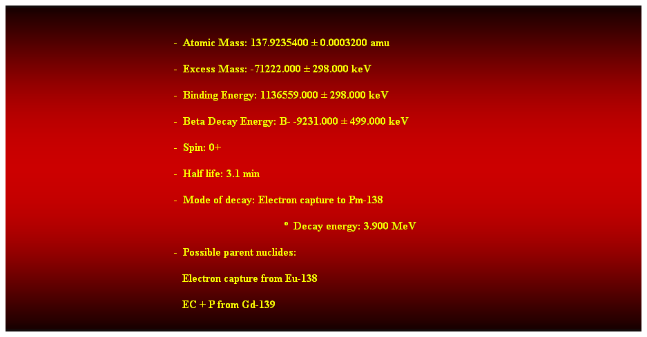 Cuadro de texto: &nbsp;
-&nbsp; Atomic Mass: 137.9235400 � 0.0003200 amu 
-&nbsp; Excess Mass: -71222.000 � 298.000 keV 
-&nbsp; Binding Energy: 1136559.000 � 298.000 keV 
-&nbsp; Beta Decay Energy: B- -9231.000 � 499.000 keV 
-&nbsp; Spin: 0+ 
-&nbsp; Half life: 3.1 min 
-&nbsp; Mode of decay: Electron capture to Pm-138 
�&nbsp; Decay energy: 3.900 MeV 
-&nbsp; Possible parent nuclides: 
&nbsp;&nbsp;&nbsp;&nbsp;&nbsp;&nbsp;&nbsp;&nbsp;&nbsp;&nbsp;&nbsp;&nbsp;&nbsp;&nbsp;&nbsp;&nbsp;&nbsp;&nbsp;&nbsp;&nbsp;&nbsp;&nbsp;&nbsp;&nbsp;&nbsp;&nbsp;&nbsp;&nbsp;&nbsp;&nbsp;&nbsp;&nbsp;&nbsp;&nbsp;&nbsp;&nbsp;&nbsp;&nbsp;&nbsp;&nbsp;&nbsp;&nbsp;&nbsp;&nbsp;&nbsp;&nbsp;&nbsp;&nbsp;&nbsp;&nbsp;&nbsp;&nbsp;&nbsp;&nbsp;&nbsp;&nbsp;&nbsp;&nbsp;&nbsp;&nbsp;&nbsp;&nbsp; Electron capture from Eu-138 
&nbsp;&nbsp;&nbsp;&nbsp;&nbsp;&nbsp;&nbsp;&nbsp;&nbsp;&nbsp;&nbsp;&nbsp;&nbsp;&nbsp;&nbsp;&nbsp;&nbsp;&nbsp;&nbsp;&nbsp;&nbsp;&nbsp;&nbsp;&nbsp;&nbsp;&nbsp;&nbsp;&nbsp;&nbsp;&nbsp;&nbsp;&nbsp;&nbsp;&nbsp;&nbsp;&nbsp;&nbsp;&nbsp;&nbsp;&nbsp;&nbsp;&nbsp;&nbsp;&nbsp;&nbsp;&nbsp;&nbsp;&nbsp;&nbsp;&nbsp;&nbsp;&nbsp;&nbsp;&nbsp;&nbsp;&nbsp;&nbsp;&nbsp;&nbsp;&nbsp;&nbsp;&nbsp; EC + P from Gd-139 
&nbsp;
