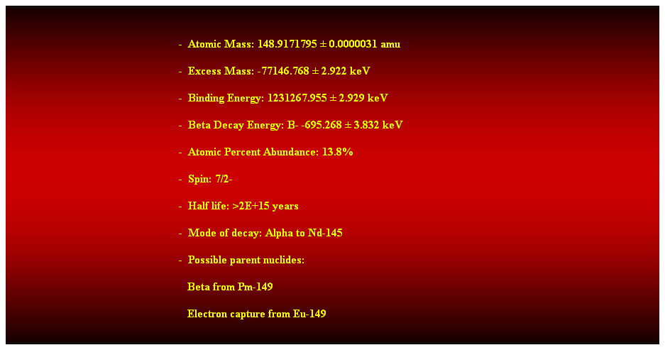 Cuadro de texto: &nbsp;
-&nbsp; Atomic Mass: 148.9171795 � 0.0000031 amu 
-&nbsp; Excess Mass: -77146.768 � 2.922 keV 
-&nbsp; Binding Energy: 1231267.955 � 2.929 keV 
-&nbsp; Beta Decay Energy: B- -695.268 � 3.832 keV 
-&nbsp; Atomic Percent Abundance: 13.8% 
-&nbsp; Spin: 7/2- 
-&nbsp; Half life: >2E+15 years 
-&nbsp; Mode of decay: Alpha to Nd-145 
-&nbsp; Possible parent nuclides: 
&nbsp;&nbsp; Beta from Pm-149 
&nbsp;&nbsp; Electron capture from Eu-149 
