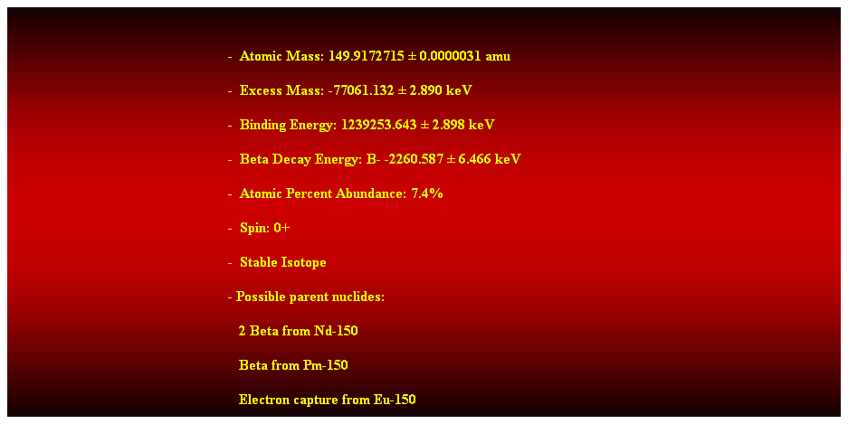 Cuadro de texto: &nbsp;
-&nbsp; Atomic Mass: 149.9172715 � 0.0000031 amu 
-&nbsp; Excess Mass: -77061.132 � 2.890 keV 
-&nbsp; Binding Energy: 1239253.643 � 2.898 keV 
-&nbsp; Beta Decay Energy: B- -2260.587 � 6.466 keV 
-&nbsp; Atomic Percent Abundance: 7.4% 
-&nbsp; Spin: 0+ 
-&nbsp; Stable Isotope 
- Possible parent nuclides: 
&nbsp;&nbsp;&nbsp;&nbsp;&nbsp;&nbsp;&nbsp;&nbsp;&nbsp;&nbsp;&nbsp;&nbsp;&nbsp;&nbsp;&nbsp;&nbsp;&nbsp;&nbsp;&nbsp;&nbsp;&nbsp;&nbsp;&nbsp;&nbsp;&nbsp;&nbsp;&nbsp;&nbsp;&nbsp;&nbsp;&nbsp;&nbsp;&nbsp;&nbsp;&nbsp;&nbsp;&nbsp;&nbsp;&nbsp;&nbsp;&nbsp;&nbsp;&nbsp;&nbsp;&nbsp;&nbsp;&nbsp;&nbsp;&nbsp;&nbsp;&nbsp;&nbsp;&nbsp;&nbsp;&nbsp;&nbsp;&nbsp;&nbsp;&nbsp;&nbsp;&nbsp;&nbsp; 2 Beta from Nd-150 
&nbsp;&nbsp;&nbsp;&nbsp;&nbsp;&nbsp;&nbsp;&nbsp;&nbsp;&nbsp;&nbsp;&nbsp;&nbsp;&nbsp;&nbsp;&nbsp;&nbsp;&nbsp;&nbsp;&nbsp;&nbsp;&nbsp;&nbsp;&nbsp;&nbsp;&nbsp;&nbsp;&nbsp;&nbsp;&nbsp;&nbsp;&nbsp;&nbsp;&nbsp;&nbsp;&nbsp;&nbsp;&nbsp;&nbsp;&nbsp;&nbsp;&nbsp;&nbsp;&nbsp;&nbsp;&nbsp;&nbsp;&nbsp;&nbsp;&nbsp;&nbsp;&nbsp;&nbsp;&nbsp;&nbsp;&nbsp;&nbsp;&nbsp;&nbsp;&nbsp;&nbsp;&nbsp; Beta from Pm-150 
&nbsp;&nbsp;&nbsp;&nbsp;&nbsp;&nbsp;&nbsp;&nbsp;&nbsp;&nbsp;&nbsp;&nbsp;&nbsp;&nbsp;&nbsp;&nbsp;&nbsp;&nbsp;&nbsp;&nbsp;&nbsp;&nbsp;&nbsp;&nbsp;&nbsp;&nbsp;&nbsp;&nbsp;&nbsp;&nbsp;&nbsp;&nbsp;&nbsp;&nbsp;&nbsp;&nbsp;&nbsp;&nbsp;&nbsp;&nbsp;&nbsp;&nbsp;&nbsp;&nbsp;&nbsp;&nbsp;&nbsp;&nbsp;&nbsp;&nbsp;&nbsp;&nbsp;&nbsp;&nbsp;&nbsp;&nbsp;&nbsp;&nbsp;&nbsp;&nbsp;&nbsp;&nbsp; Electron capture from Eu-150 
