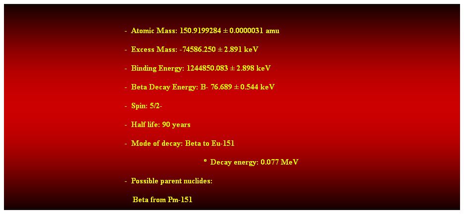 Cuadro de texto: &nbsp;
-&nbsp; Atomic Mass: 150.9199284 � 0.0000031 amu 
-&nbsp; Excess Mass: -74586.250 � 2.891 keV 
-&nbsp; Binding Energy: 1244850.083 � 2.898 keV 
-&nbsp; Beta Decay Energy: B- 76.689 � 0.544 keV 
-&nbsp; Spin: 5/2- 
-&nbsp; Half life: 90 years 
-&nbsp; Mode of decay: Beta to Eu-151 
�&nbsp; Decay energy: 0.077 MeV 
-&nbsp; Possible parent nuclides: 
&nbsp;&nbsp;&nbsp;&nbsp;&nbsp;&nbsp;&nbsp;&nbsp;&nbsp;&nbsp;&nbsp;&nbsp;&nbsp;&nbsp;&nbsp;&nbsp;&nbsp;&nbsp;&nbsp;&nbsp;&nbsp;&nbsp;&nbsp;&nbsp;&nbsp;&nbsp;&nbsp;&nbsp;&nbsp;&nbsp;&nbsp;&nbsp;&nbsp;&nbsp;&nbsp;&nbsp;&nbsp;&nbsp;&nbsp;&nbsp;&nbsp;&nbsp;&nbsp;&nbsp;&nbsp;&nbsp;&nbsp;&nbsp;&nbsp;&nbsp;&nbsp;&nbsp;&nbsp;&nbsp;&nbsp;&nbsp;&nbsp;&nbsp;&nbsp;&nbsp;&nbsp;&nbsp;&nbsp; Beta from Pm-151 
&nbsp;
